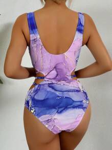 SHEIN Swim Ladies Fashion Tie-Dye Hollow Out Halter Backless One-Piece Swimsuit, Suitable For Summer Holiday