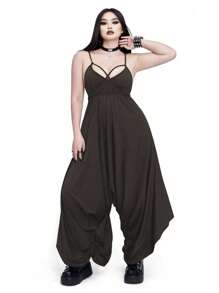 Whyspr Modische Jumpsuit in Große Größen mit V-Ausschnitt, Bindeträgern und asymmetrischem Schnitt