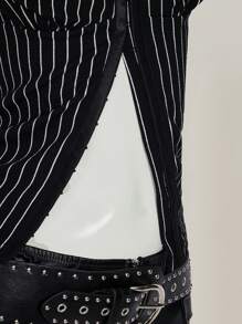 SHEIN ICON Summer Casual Open Front Stripe Lace Trim Fitted T-Shirt,Rave Top - Black - View 5