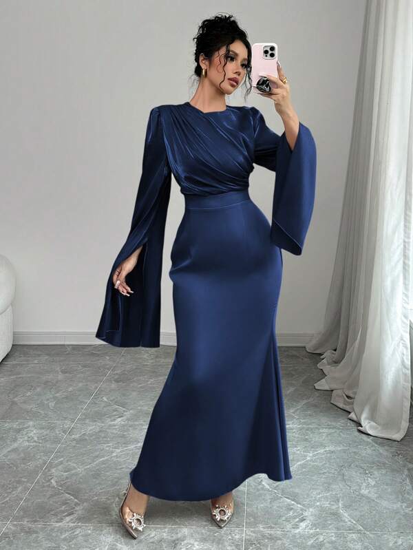 Rafferiza Women's Elegant Gathered Waist Fishtail Hem Cocktail Dress With Flare Sleeves, Shiny Fabric, Autumn/Winter Maxi Women Outfit