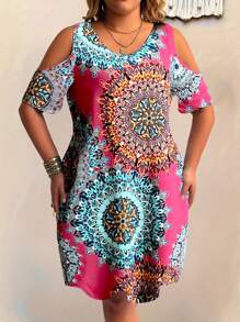 EMERY ROSE Vestido casual corto con escote hombros descubiertos, manga corta y estampado floral para mujer de talla grande, ideal para la playa - Rosa - Ver 5