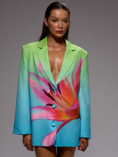 MUSERA Boxy Shoulder Pad Oversized Blazer Dress Low V Front Neckline Notched Collar Single Breasted Floral Print Colorful Elegant Professional Business Casual Vacation Winter Work Office Old Money Date Night Going Out Back To School Wedding Guest Suit Summer Spring