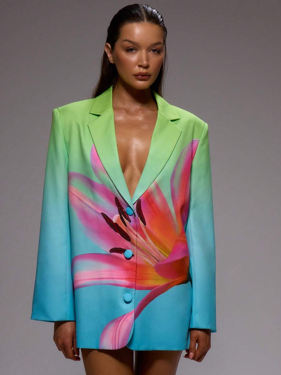 MUSERA 宽松垫肩超大款西装连衣裙，低V领，翻领设计，单排扣，印花图案，色彩缤纷，优雅专业，商务休闲，适合度假、冬季工作、办公室、约会、外出、返校、婚礼宾客等场合，春夏皆宜。 - 彩色 - 查看 1