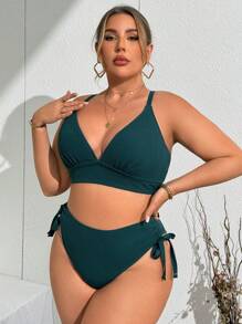 Swim Vcay Plus Size Adjustable 3D Texture Fabric Swimsuit Set, Vacation For Summer - Dark Green - View 5