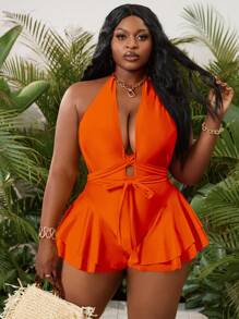 Slaydiva Sexy Party Ruffled High Waist Plus Size One-Piece For Summer Beach Vacation - Orange - View 1