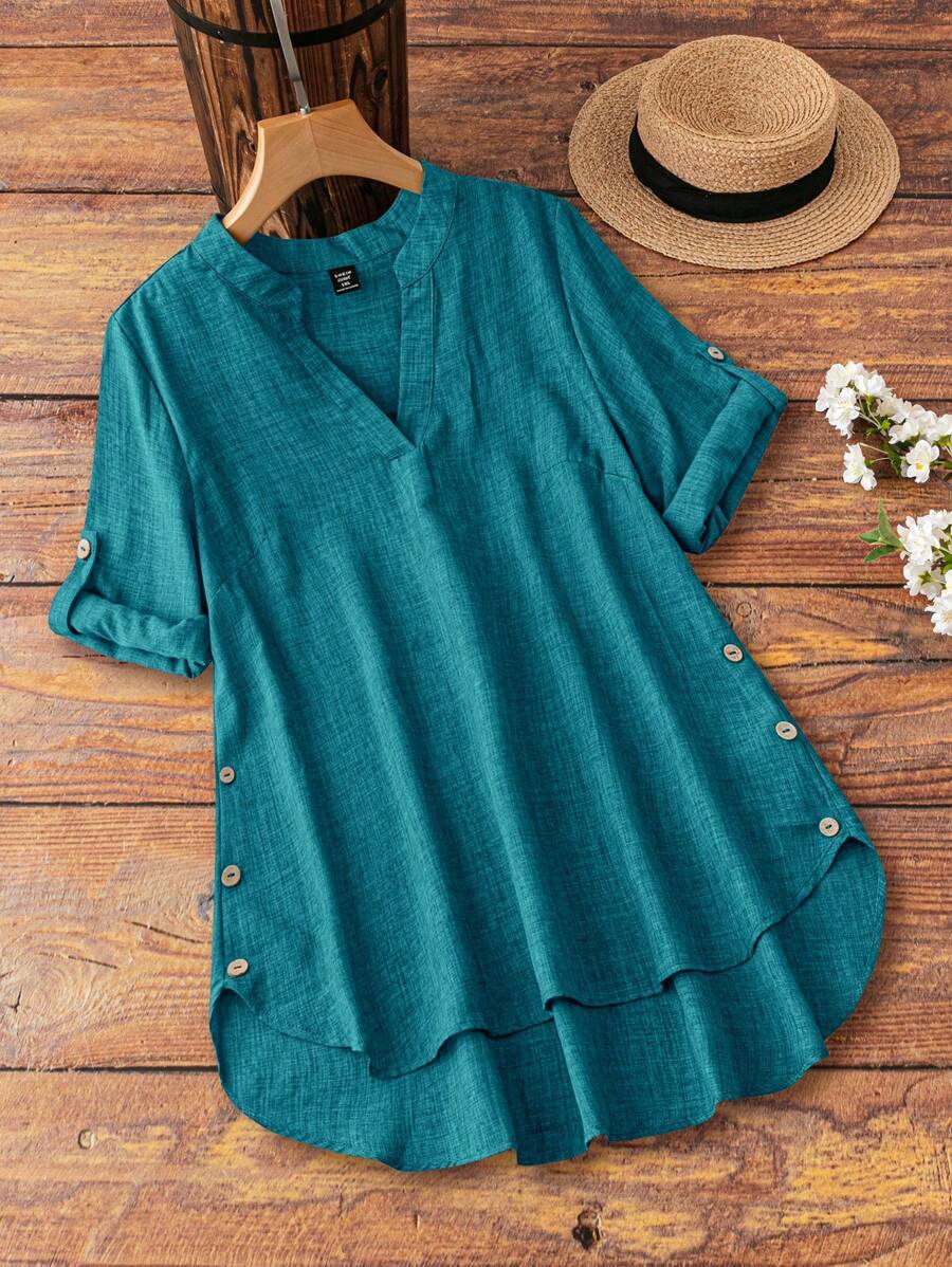 EMERY ROSE Plus Size Minimalist Fashionable Summer Short Sleeve Shirt - Green - View 1
