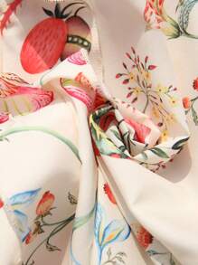 SHEIN Clasi 女士泡泡袖波点撞色滚边荷叶边下摆优雅衬衫度假教师女式衬衫花卉图案 - 紅色 - 查看 8