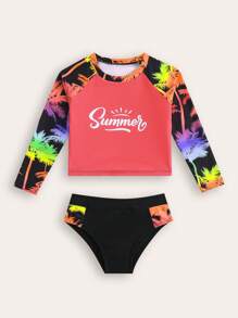 SHEIN New Fashion Young Girl Palm Tree Print Raglan Sleeve Top And Bottom Swimsuit Set - Redwood - View 1