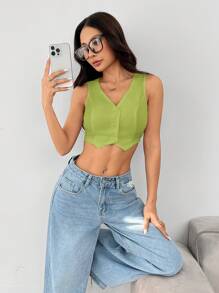 SHEIN PETITE Women's Green Knitted Casual Crop Blazer Vest: Sleeveless, V-Neck, Button-Front Design For A Chic Look - Green - View 5