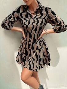 SHEIN Privé 全身印花系带衬衫裙工作服度假装女士 - 彩色 - 查看 4