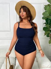 Swim Lushoire Plus Size Square Neck Basic Tankini Bikini Top For Summer Beach Vacation - Navy Blue - View 5
