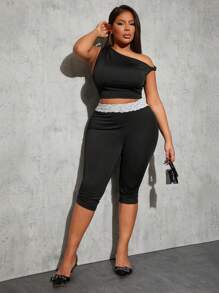 SHEIN SXY Plus Size Fashion Solid Asymetryczny Dekolt Koronka Patchwork Koszulka i Legginsy 2 Części Zestaw, Lato - Czarne - Zobacz 5