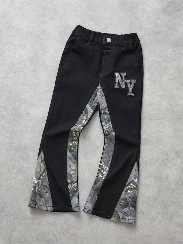 SHEIN Stylowe jeansy Y2k Camo Patchwork dla chłopców o wysokiej elastyczności i dopasowanym kroju, na wiosnę/lato i codzienne stroje uliczne
