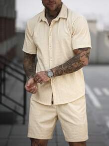 Manfinity Homme Men 2 Pieces Set: Short Sleeve Button Down Shirt With Shorts - Beige - View 7