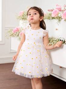 Babygirl Cute & Elegant White Floral Print Mesh Cap Sleeve Summer Mini Dress - White - View 3