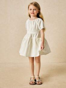 SHEIN Young Girls' Elegant White Puff Sleeve Cinched Waist A-Line Dress, Spring/Summer - White - View 3