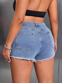 SHEIN ICON Women Plus Size Washed Blue 3D Printed Denim Shorts Shorts Jeans Woman Summer Shorts Summer For Women Festival - Medium Wash - View 3