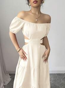 Rafferiza 休闲 - 度假休闲露肩蝴蝶结背心连衣裙 - 杏色 - 查看 3