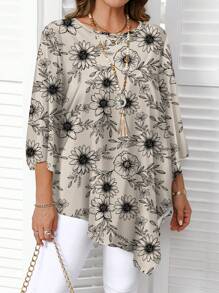 EMERY ROSE Plus Size Casual Floral Print Shirt, Minimalist All-Over Print Design, Suitable For Spring And Autumn, Holiday - Multicolor - View 1