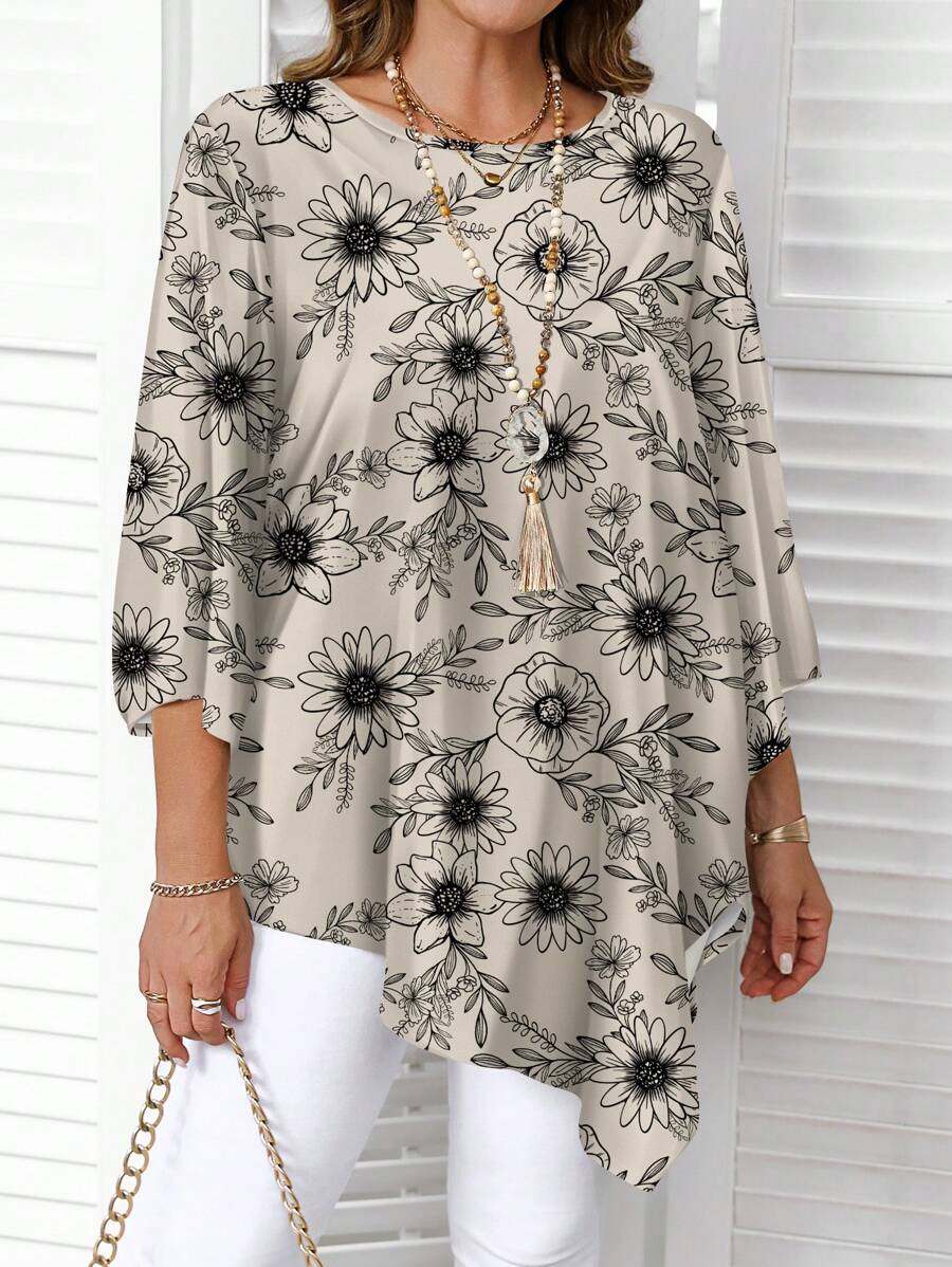 EMERY ROSE Plus Size Casual Floral Print Shirt, Minimalist All-Over Print Design, Suitable For Spring And Autumn, Holiday - Multicolor - View 1