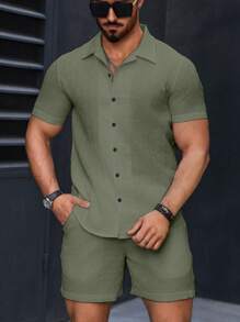 Manfinity Homme 2pcs/Set Men's Solid Color Short Sleeve Single-Breasted Shirt & Shorts Casual Outfit - Army Green - View 5