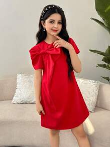 SHEIN Vestido camiseta de alta moda con pliegues y moño de manga corta en color liso para niñas preadolescentes, elegante para usar en el día a día - Rojo - Ver 3