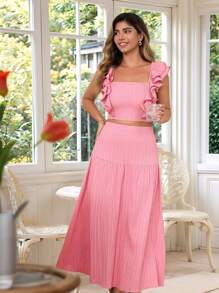 KURAYIA Plus Size Plain Textured Crew Neck Ruffle Sleeve A-Line Patchwork Hem Skirt - Pink - View 5