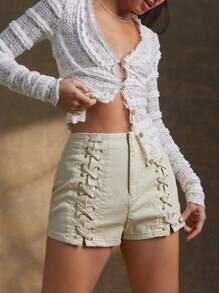 WESTFADE High Rise Western Cowgirl Lace Up Fitted Stretch Twill Shorts Spring Break Summer Beach Vacation - Apricot - View 1