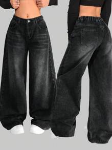 SHEIN Jeans sueltos de pierna ancha, cintura baja, bolsillos sesgados, estilo casual vintage Y2K en color gris lavado, para chicas adolescentes y ropa de calle