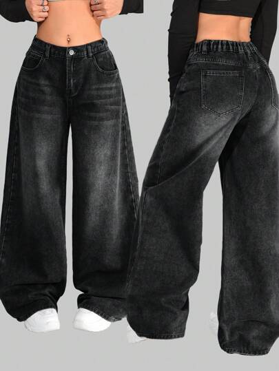 SHEIN 少女 Y2K 复古灰色水洗低腰斜口袋休闲阔腿宽松牛仔裤，女孩街头服饰