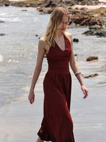 Lumivelle Women's V-Neck Cinched Waist Ruched A-Line Elegant Backless Knit Dress - Rust Brown - View 1