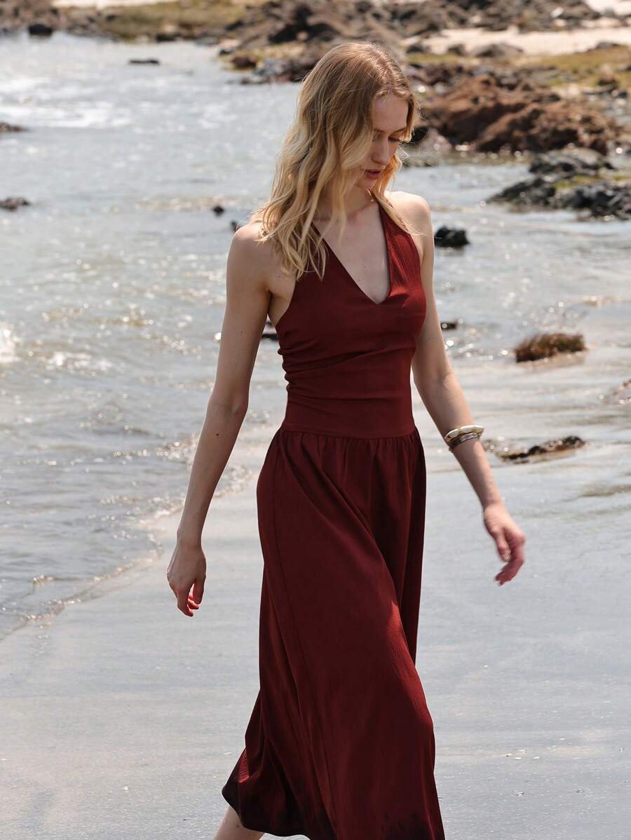 Lumivelle Women's V-Neck Cinched Waist Ruched A-Line Elegant Backless Knit Dress - Rust Brown - View 1