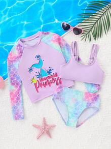 3pcs Tween Girls Spring/Summer Swimwear Set. Spaghetti Strap Tankini Top, Swim Bottoms And Long Sleeve Rash Guard. Cute & Fashionable Fish Scale And Mermaid Tail Pattern In Light Purple And Blue Color Combination, Suitable For 8-12 Years Old Girls. Perfect For Beach Vacation, Swimming And Water Park - Multicolor - View 6