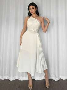 Firerie 女士优雅简约休闲/工作连衣裙，不对称领口带褶饰，纯色中长款