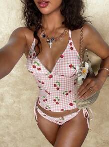 SHEIN Swim Sweet Cherry Grid Print Bikini Set