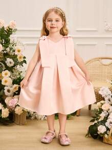 SHEIN Glamorique Kids Vestido de princesa con diseño de flor para niña, vestido de satén plisado sin mangas con cuello en V y diseño de lazo en los hombros, elegante para fiesta de cumpleaños, boda, actuación en el escenario, sesión de fotos, suave y esponjoso