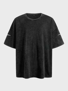 EASEVO Plus Size Men Street Fashion Loose Knit Patch Embroidered Black T-Shirt - Black - View 8