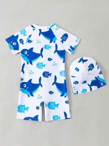 Fish Printed One-Piece Boy's Swimwear - Multicolor - View 2