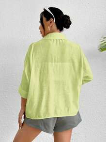 SHEIN PETITE 春季白色纯色蝙蝠袖白衬衫 - 綠色 - 查看 2