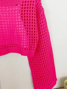 Tween Girls' Plain Crew Neck Dropped Shoulder Long Sleeve Loose Knitted Sweater - Hot Pink - View 5