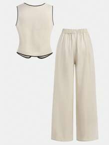 Girlism Teen Girl Spring And Summer Girl's Lace-Up Cardigan Suit, Contrasting Color Bow, Girl's Top, Solid Color Casual Loose Trousers, Girl's Two Pieces Set, Daily Casual, Workplace Commuting Wear,Girls Valentines Outfit,Teen Girl Dresses,Mom And Daughter Matching,Valentine Day~Clean Girl,Cute - Khaki - View 2