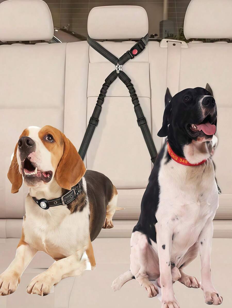 Arnés de seguridad con correa doble fija con amortiguación y tracción para 1 a 2 mascotas (perros o gatos) para usar en el coche, para seguridad en el vehículo