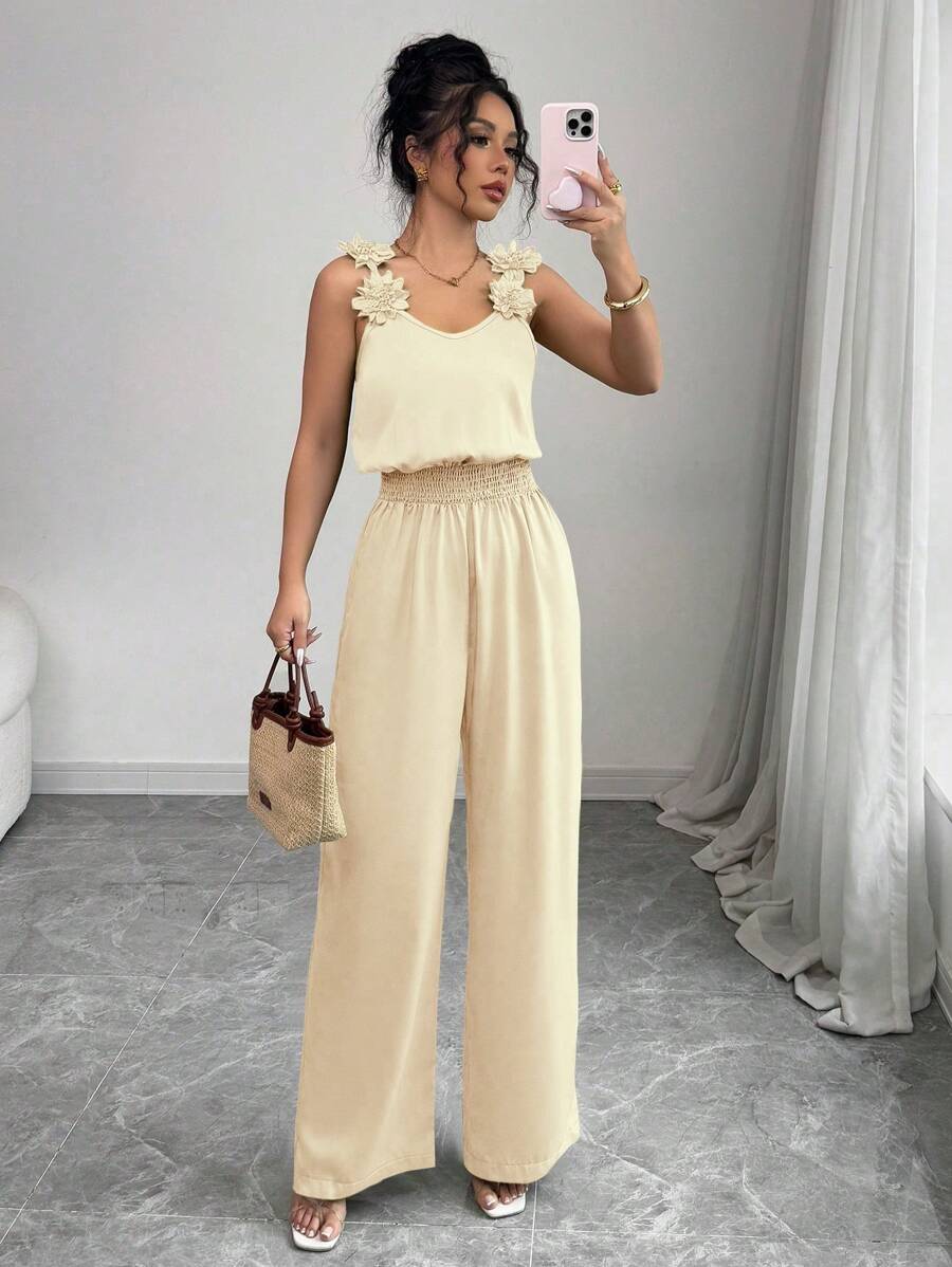 Elenzga New Spring/Summer Solid Color 3D Embroidery Floral Decor Loose Casual Romper Jumpsuit For Vacation - Apricot - View 1