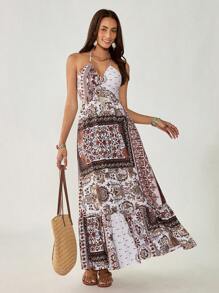 Florisole Vestido sin mangas con escote en V y estampado completo estilo bohemio para mujer, primavera/verano - Multicolor - Ver 1