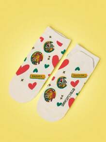 TOM & JERRY X SHEIN 1 Pasang Kaos Kaki Pendek Wanita Motif Hati & Tikus yang Modis - Krem - View 4