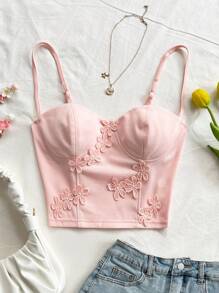 Soleia Áo hai dây thêu hoa văn thanh lịch màu trơn cho nữ, mùa hè - Hồng - Xem 6