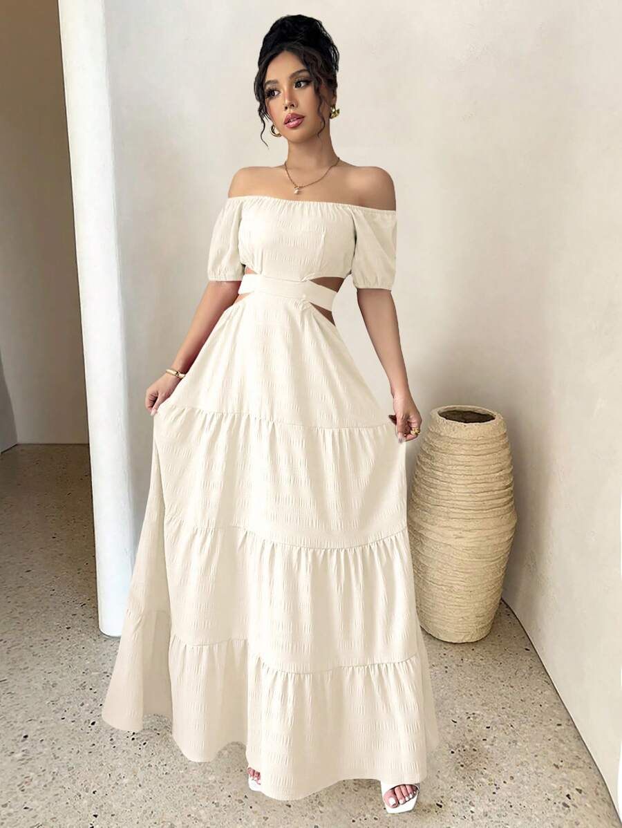 Rafferiza 休闲 - 度假休闲露肩蝴蝶结背心连衣裙 - 杏色 - 查看 1