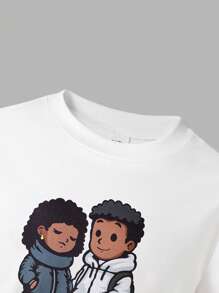 2 件套卡通印花圆领短袖 T 恤和工装裤休闲装适合年轻女孩