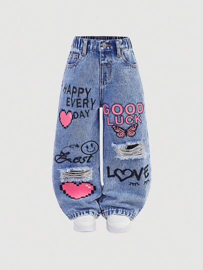 SHEIN Young Girl' Y2K Heart & Smiling Face Pattern Blue Denim Wide-Leg Loose Pants,Kid Girls Spring And Summer Casual Vacation Hobo Wear