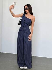 Flirla 2 pièces Ensemble de femmes minimaliste décontracté rayure brune épaule asymétrique